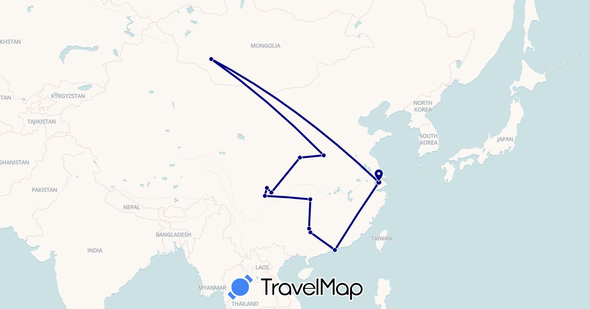 TravelMap itinerary: driving in China, Hong Kong, Mongolia (Asia)